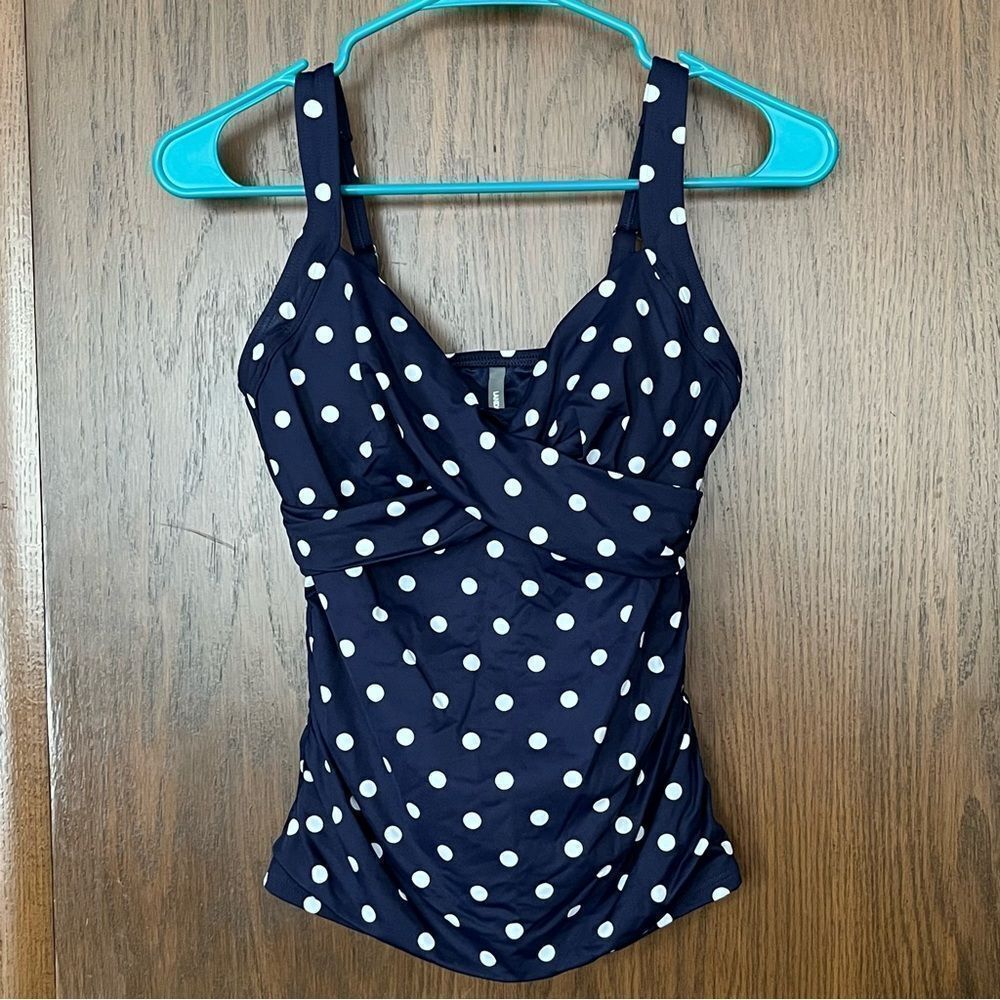 Lands' End Navy and White Polka Dot One Piece Swim Halter